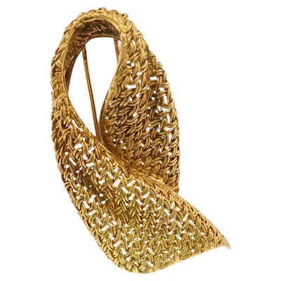 Pre-owned Mauboussin Paris 18k French Brooch Mesh Bow Pattern Yellow Gold