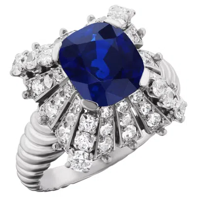 Pre-owned Mauboussin Paris Art Deco 3.47ct Cushion Sapphire And Diamond Ring In Blue