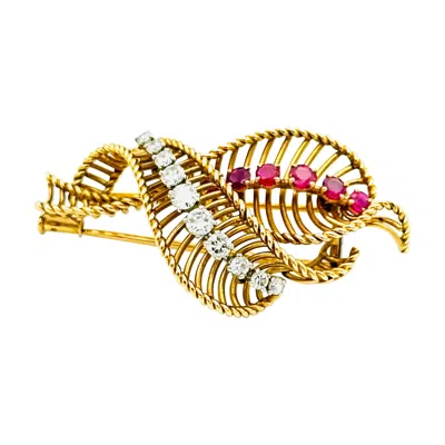 Pre-owned Mauboussin Paris Leaves Brooch 18k Gold , Ruby And Diamonds In Multi