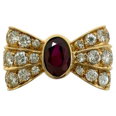 Pre-owned Mauboussin Rare Vintage  Deep Red Ruby & Diamond 18k Yellow Gold Bow Ribbon Ring