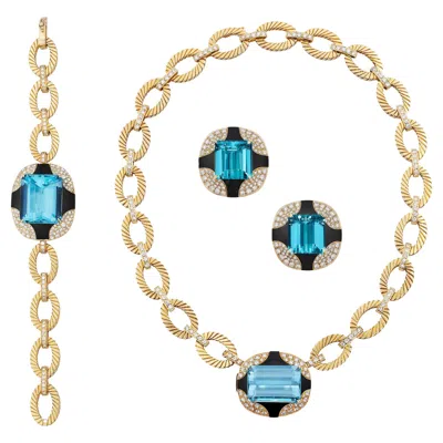 Pre-owned Mauboussin Vintage Aquamarine Diamond Onyx  Earrings Necklace Bracelet Suite In Black