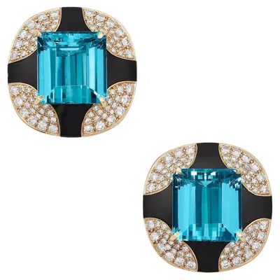 Pre-owned Mauboussin Vintage Aquamarine Diamond Onyx  Paris Earrings In 18k Gold In Black