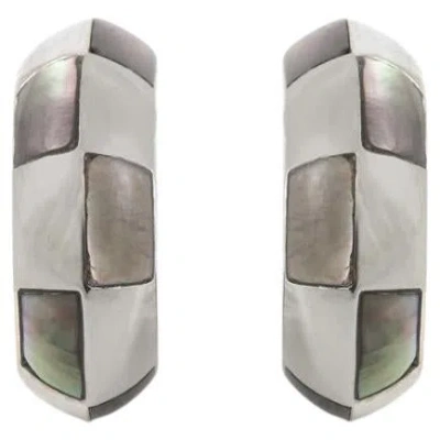 Pre-owned Mauboussin White Gold And Gray Mother Of Pearl Checkerboard Huggie Earrings