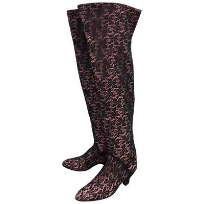 Pre-owned Maud Frizon 1980s  22" High Black Lace Over Pink Leather Kitten Heel Boot