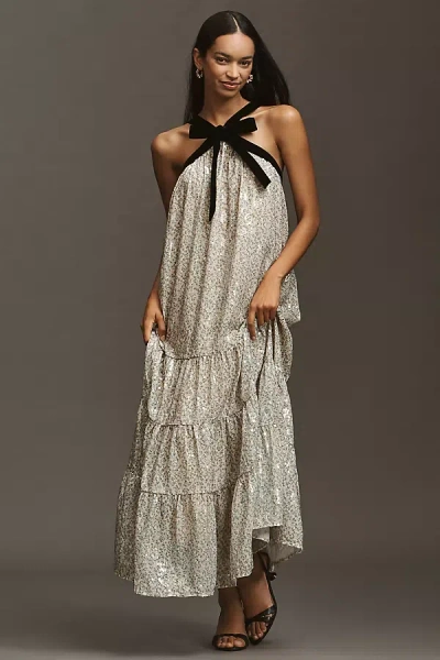 Maude Bobbie Halter Metallic Tiered Maxi Dress In Silver