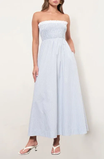 Maude Club Alicia Stripe Ruffle Trim Strapless Midi Dress In Blue