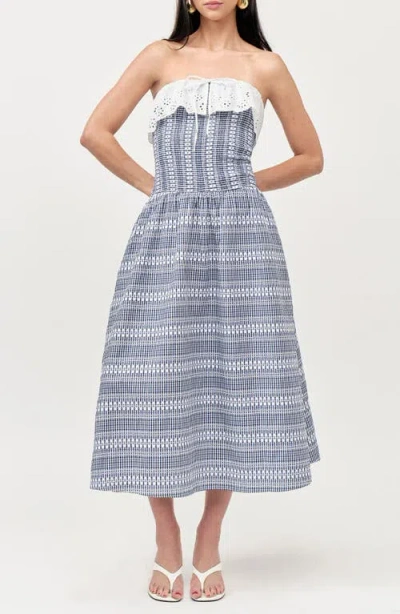 Maude Club Freya Strapless Smocked Embroidered Dress In Gray