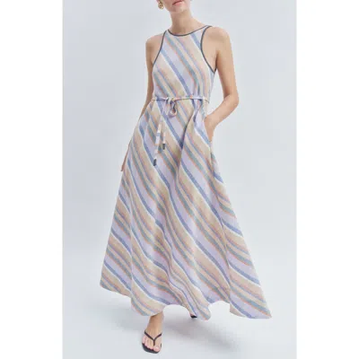Maude Club Margie Diagonal Stripe Cotton & Linen Maxi Dress In Multi