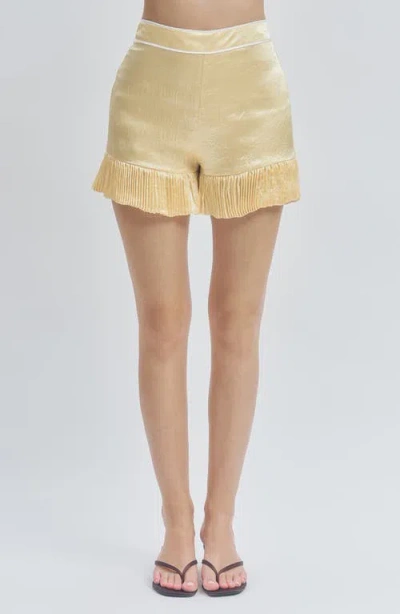 Maude Club Marsh Crinkled Satin Pleat Hem Mini Shorts In Yellow