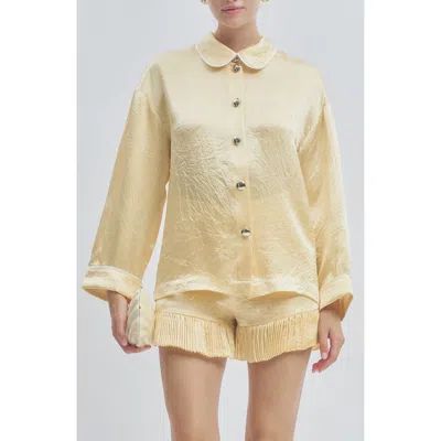 Maude Club Porter Crinkle Satin Oversized Shirt In Butter Yellow In Black