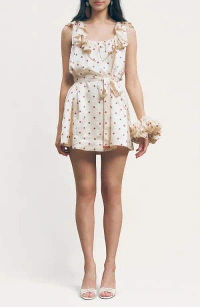 Maude Club Sonia Polka Dot Ruffle Trim Babydoll Minidress With Hair Scrunchie In Neutral