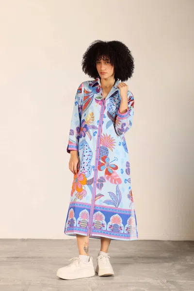 Maude Vivante Eliza Button Down Midi Dress In Azure Safari In Multi