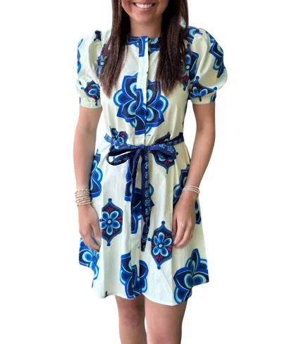Maude Vivante Geometric Florals Mini Dress In Cream/ Blue