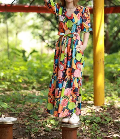 Maude Vivante Molly Fruits Print Dress In Blue/green Multi