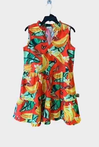 Maude Vivante Women's Kyra Split V-neck Short Dress In Red Bananas Print In Multi