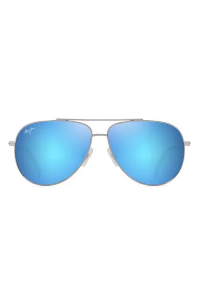 Maui Jim Hauoli 59mm Polarized Aviator Sunglasses In Shiny Silver Blue Green