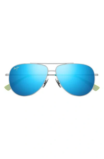 Maui Jim Hauoli Xl 62mm Polarized Oversize Aviator Sunglasses In Silver/blue Hawaii