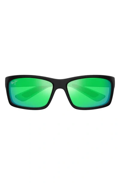 Maui Jim Kanaio Coast 61mm Polarizedplus2® Rectangular Sunglasses In Black/maui Green