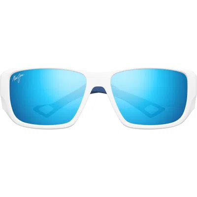 Maui Jim Keha 63mm Oversize Polarized Rectangular Sunglasses In White/blue Hawaii