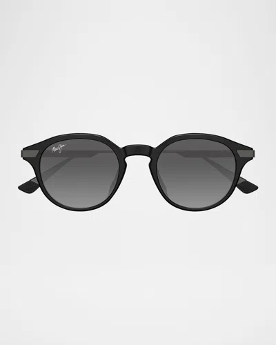 Maui Jim Men's Momi Titanium And Nylon Round Sunglasses In Shiny Black Grey