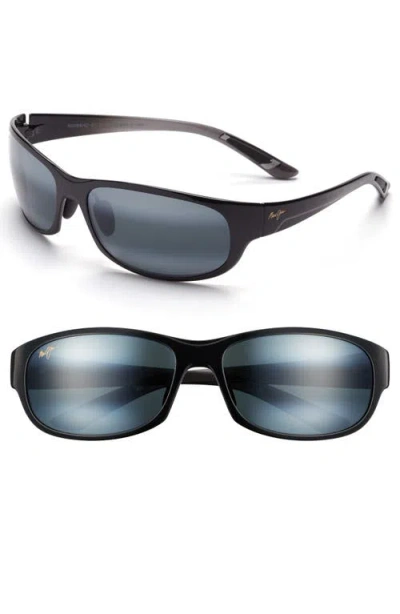 Maui Jim Twin Falls 63mm Polarizedplus2® Gradient Mirrored Oversize Wraparound Sunglasses In Gloss Black Fade/neutral Grey