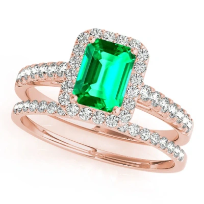 Maulijewels 0.85 Carat Emerald Cut Emerald And Diamond Bridal Set Ring In 10k Rose Gold In Rose Gold-tone