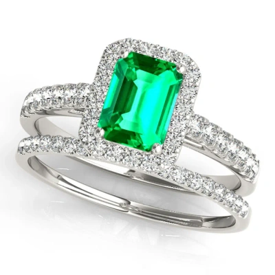 Maulijewels 0.85 Carat Emerald Cut Emerald And Diamond Bridal Set Ring In 10k White Gold In Metallic