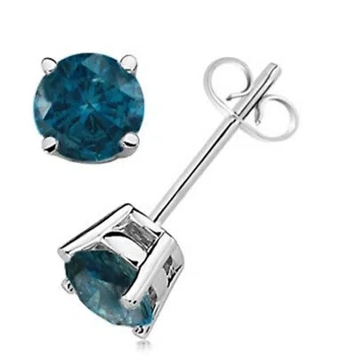Pre-owned Maulijewels 0.20 Carat Natural Round Blue Diamond Prong Set Stud Earring In 14k