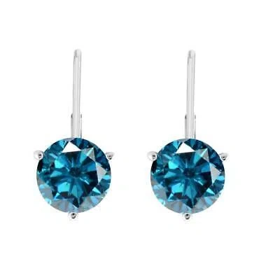 Pre-owned Maulijewels 0.20 Carat Round Natural Blue Diamond 3 Prong Set Leverback Earrings In White