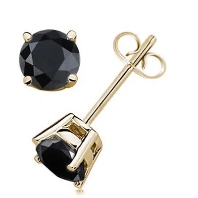 Pre-owned Maulijewels 0.50 Carat Black Diamond/ Round/ Natural Stud Earring/ Prong Set In