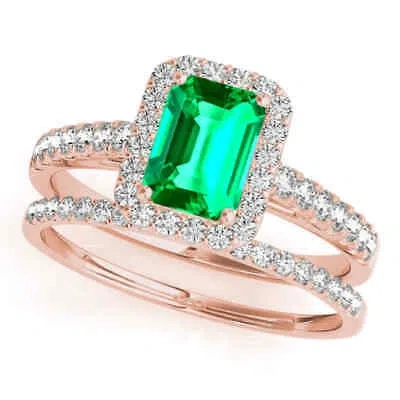 Pre-owned Maulijewels 0.85ct Emerald Cut & Diamond Bridal Ring Set, 10k Rose Gold, Size 9