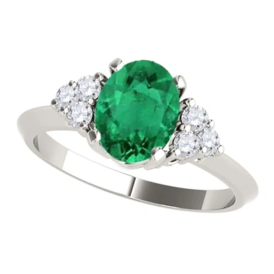 Maulijewels 1.00 Carat Emerald & Round White Diamond Gemstone Ring In 10k Solid White In Green