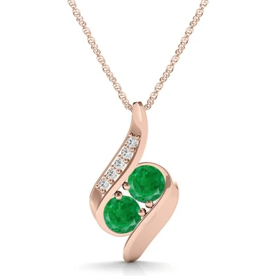 Maulijewels 1.00 Carat Round Emerald & White Diamond Gemstone Pendant In 14k Rose Gold With 18" 14k In Green