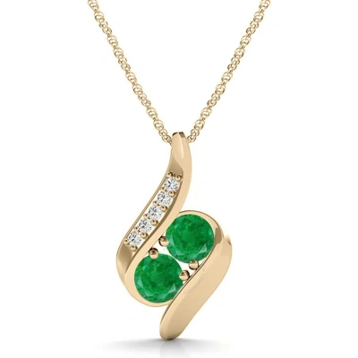 Maulijewels 1.00 Carat Round Emerald & White Diamond Gemstone Pendant In 14k Yellow Gold With 18" 14 In Green