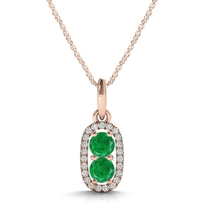 Maulijewels 1.15 Carat Natural Emerald & Diamond Pendant In 14k Rose Gold With 18" 14k Rose Gold Pla In Green