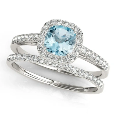 Maulijewels 1.25 Carat Cushion Cut Aquamarine And Diamond Bridal Set Ring In 10k White Gold
