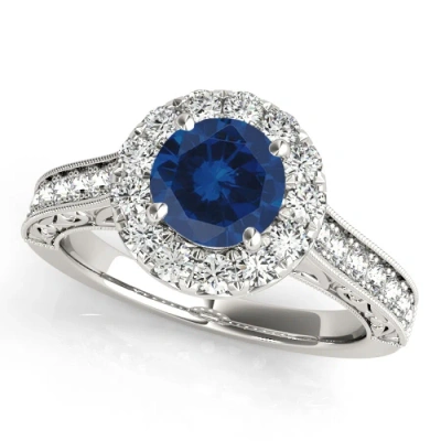 Maulijewels 1.40 Carat Round Shape Sapphire And Diamond Wedding Ring In 14k White Gold