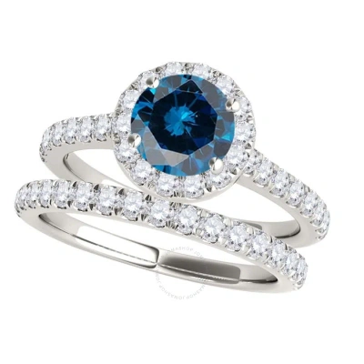 Maulijewels 1.60 Carat Blue & White Halo Diamond Bridal Set Engagement Ring For Women In 18k Solid W