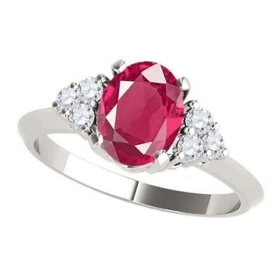 Pre-owned Maulijewels 1.00 Carat Diamond & Oval Shape Ruby Gemstone Ring In 10k White Rose In Red