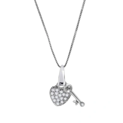 Maulijewels 10k White Gold 0.15 Carat Diamond Heart And Key Pendant With 18" 925 Sterling Silver Box