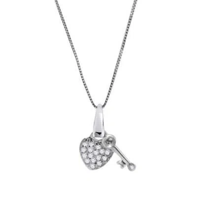 Pre-owned Maulijewels 10k White Gold 0.15 Carat Diamond Heart And Key Pendant With 18" 925