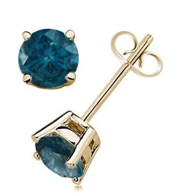 Pre-owned Maulijewels 1/4 Carat Natural Round Blue Diamond Prong Set Stud Earring In 14k