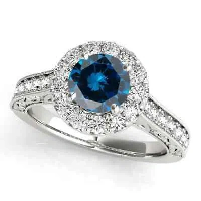 Pre-owned Maulijewels 1.40 Carat Round Shape Blue And White Diamond Ring In 14k White Gold