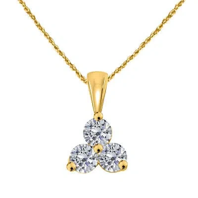 Pre-owned Maulijewels 14k / 0.50 Carat Natural Round White Diamond Three Stone Pendant Necklace For In Yellow