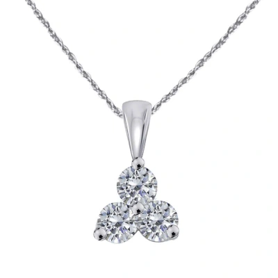 Maulijewels 14k / 1.00 Carat Natural Round White Diamond Three Stone Pendant Necklace For Women In White Gold Wi In Metallic