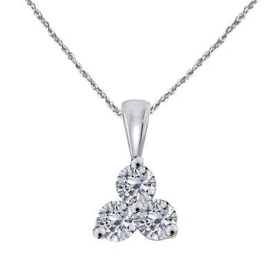 Pre-owned Maulijewels 14k / 1.00 Carat Natural Round White Diamond Three Stone Pendant Necklace For