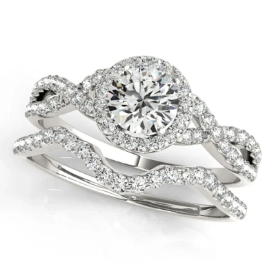 Maulijewels 14k Solid White Gold Halo Diamond Engagement Bridal Ring Set With 0.50 Carat Diamonds