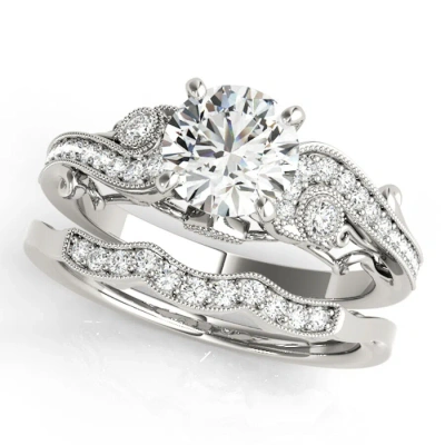 Maulijewels 14k White Gold 0.60 Carat Halo Diamond Engagement Bridal Ring Set In Metallic