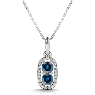 Maulijewels 14k White Gold 1.25 Carat Blue Diamond Two Stone Pendant Necklace With 18" 14k White Gol In Metallic