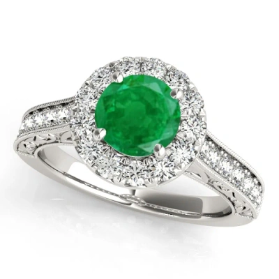 Maulijewels 14k White Gold Gemstone And Diamond Ring With 1.40 Carat Round Shape Emerald And Diamond